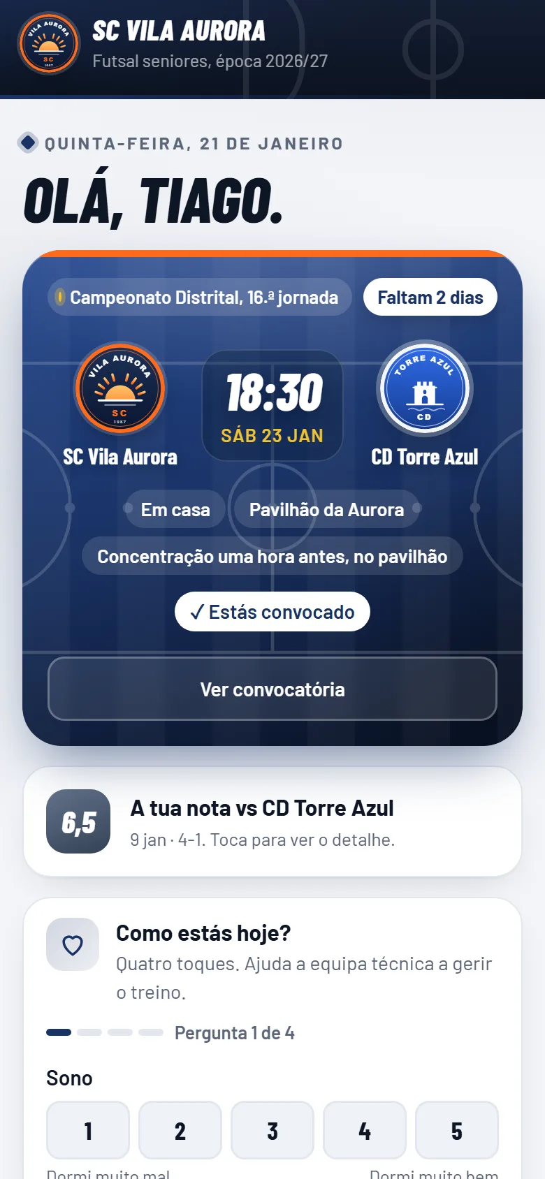 Ecrã do atleta: está convocado e vê a sua nota