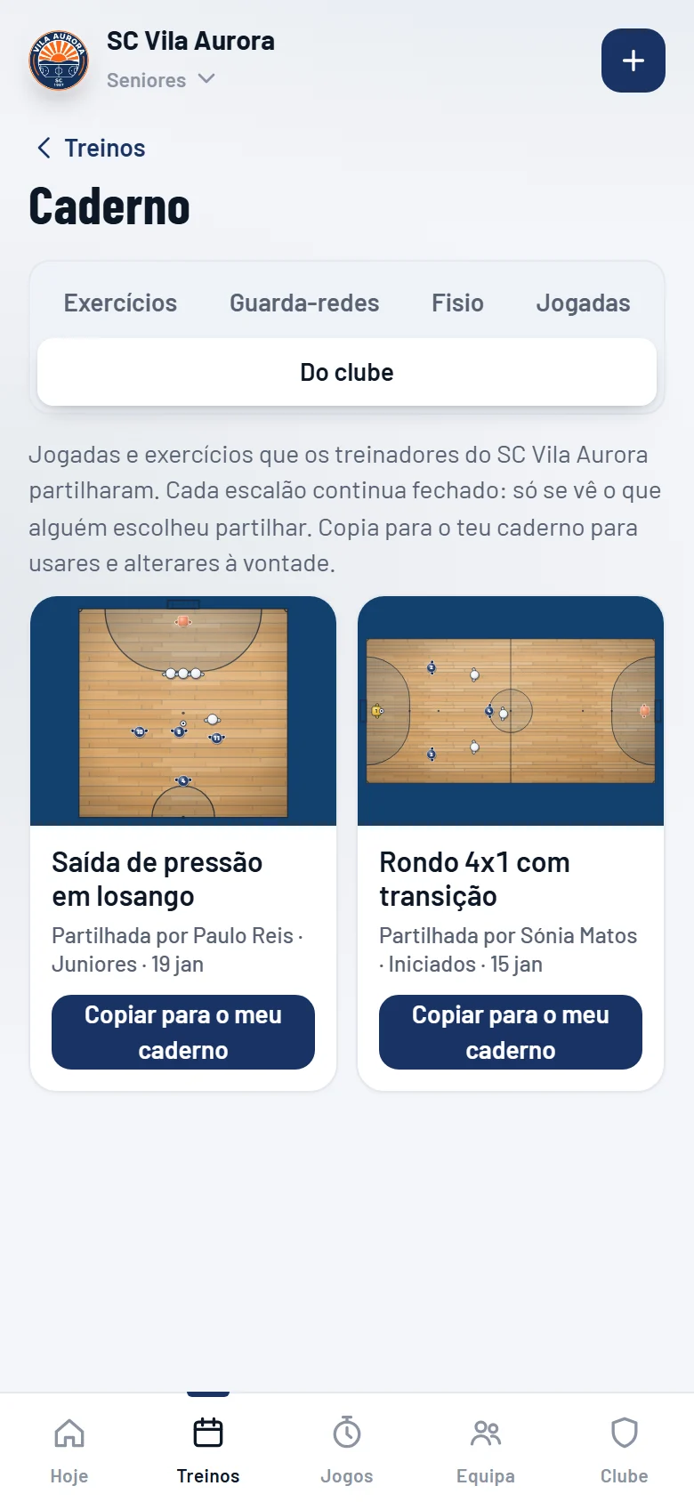 Caderno do clube: partilhado pelos treinadores dos escalões