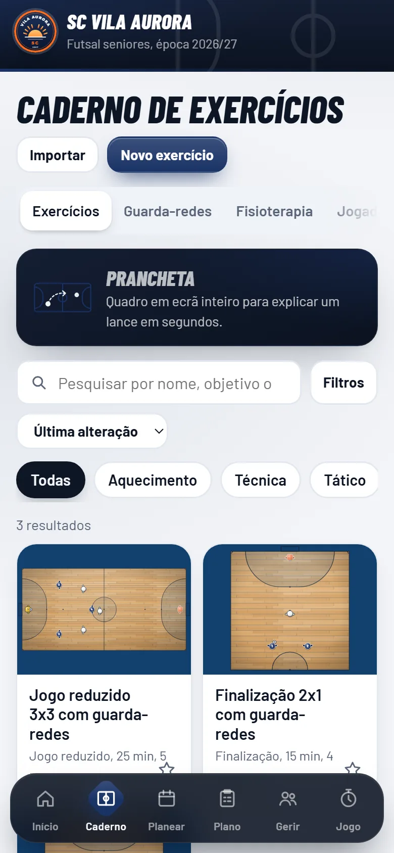 Caderno de exercícios na app, com os exercícios desenhados